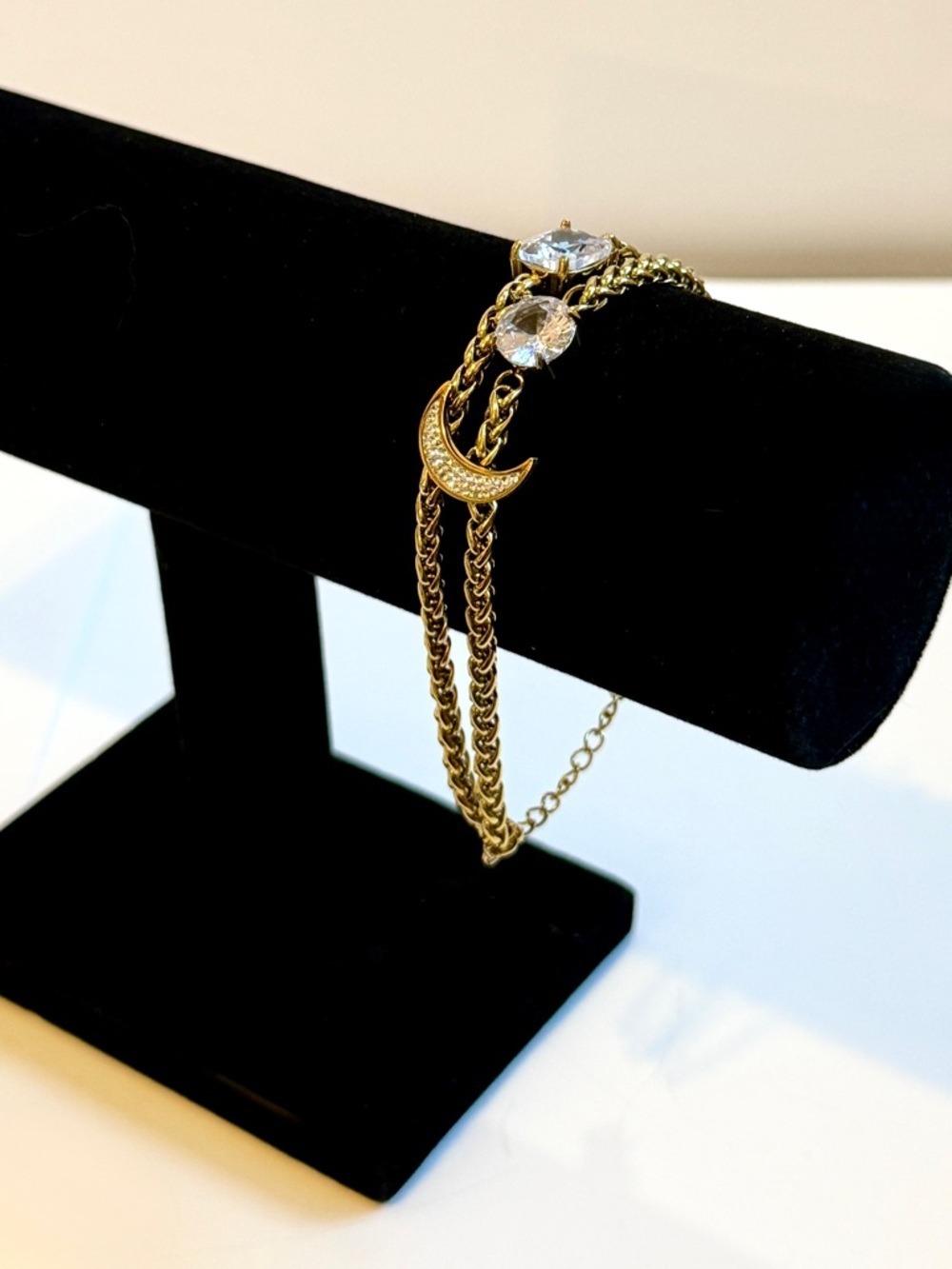 Gold Celestial Crescent Moon Crystal Double Chain Bracelet NWT - Picture 6 of 8